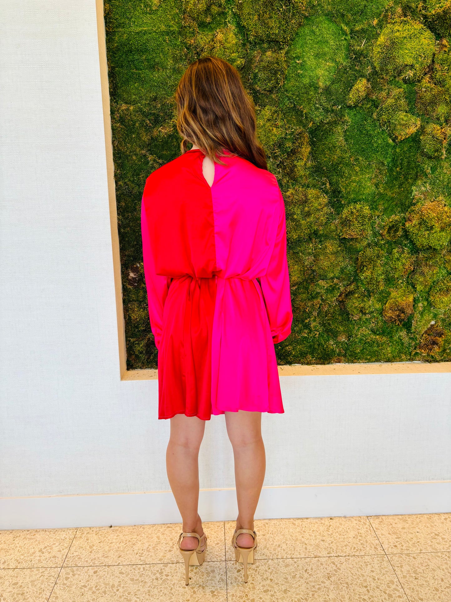 Heidi red and fucsia charmeuse color block dress