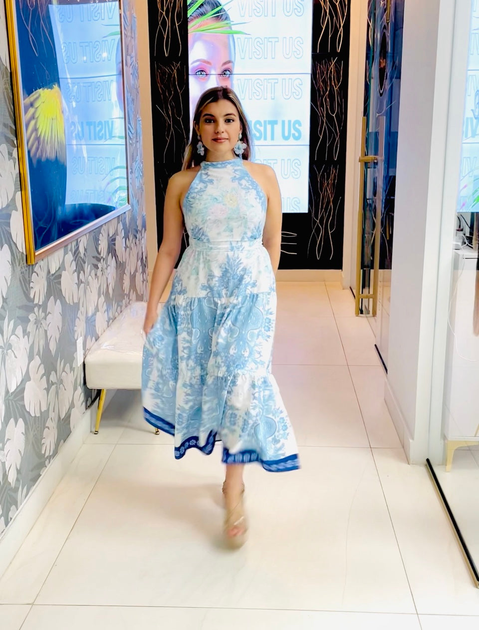 Rachel blue print cutout maxi dress
