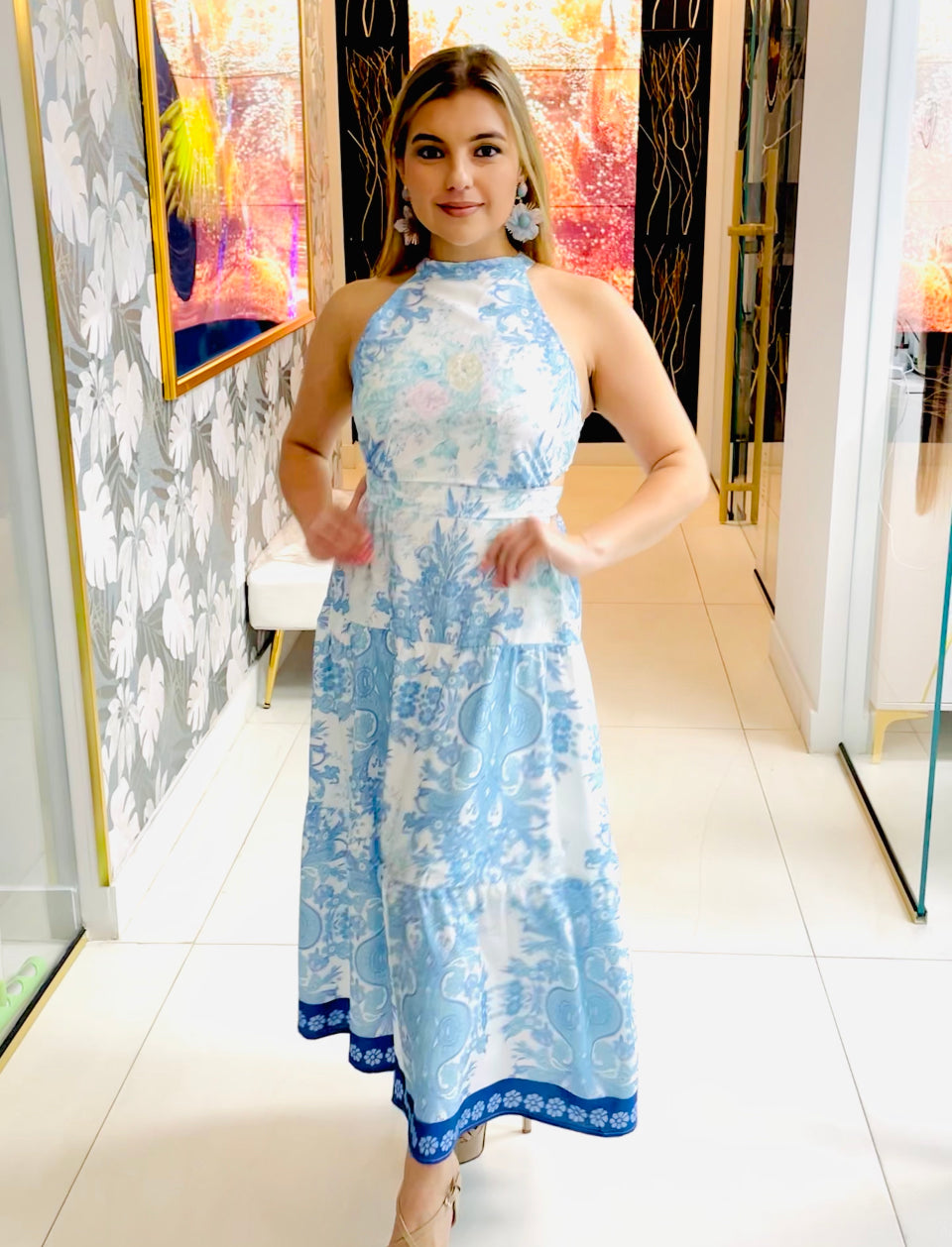 Rachel blue print cutout maxi dress
