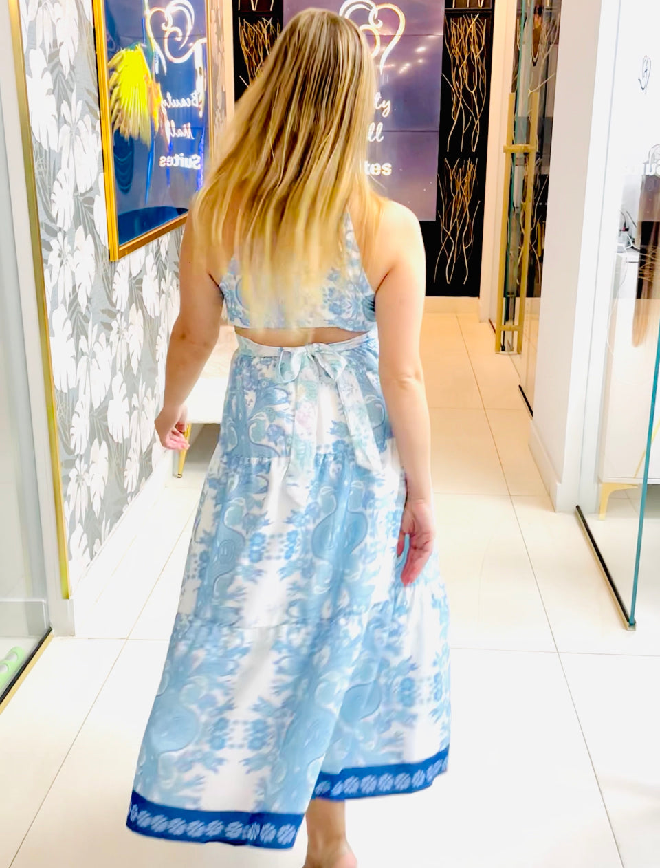 Rachel blue print cutout maxi dress