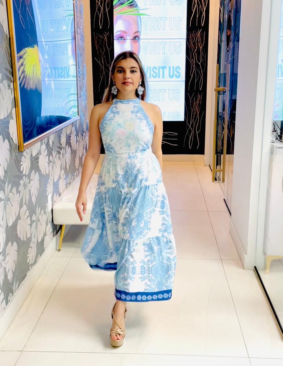 Rachel blue print cutout maxi dress