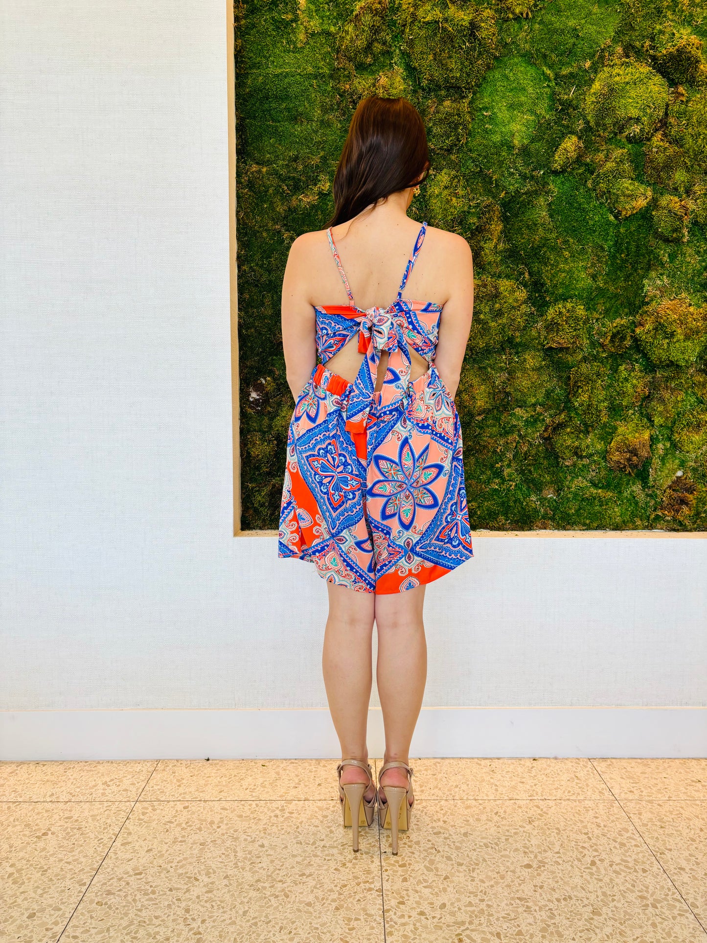 Clara royal blue paisley print cut out with a back tie romper