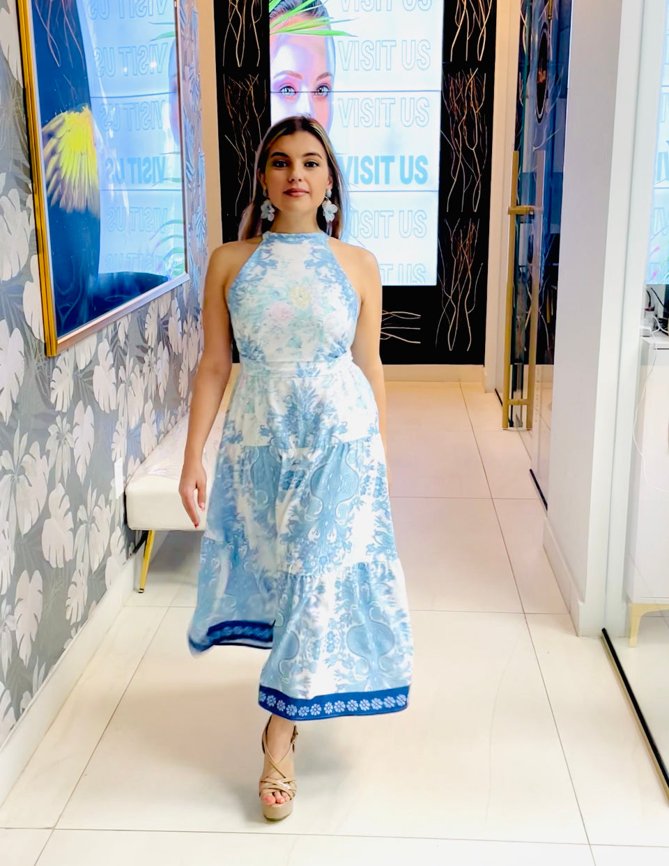 Rachel blue print cutout maxi dress