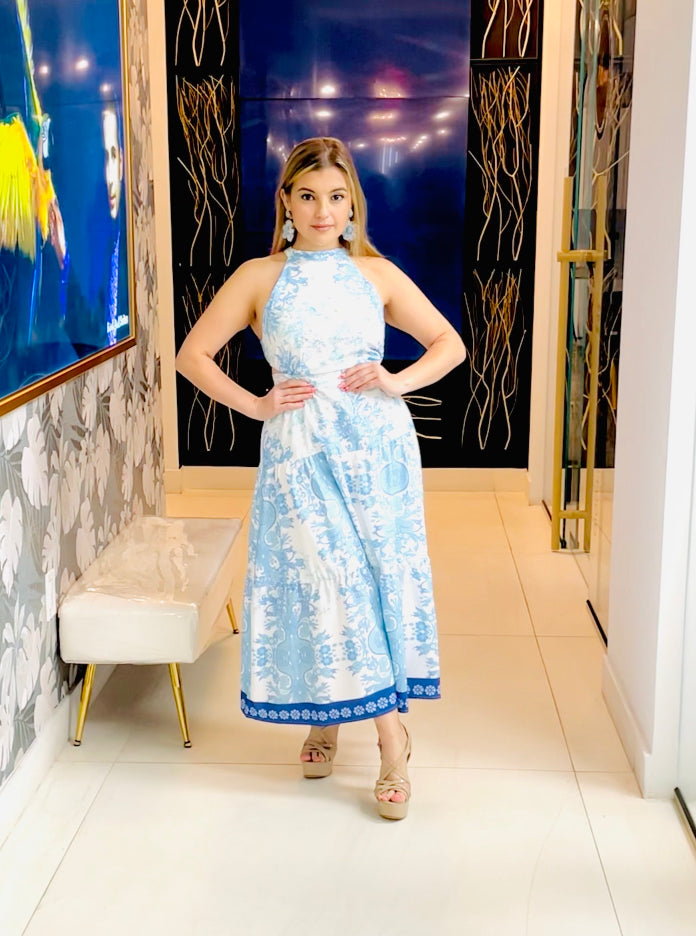 Rachel blue print cutout maxi dress