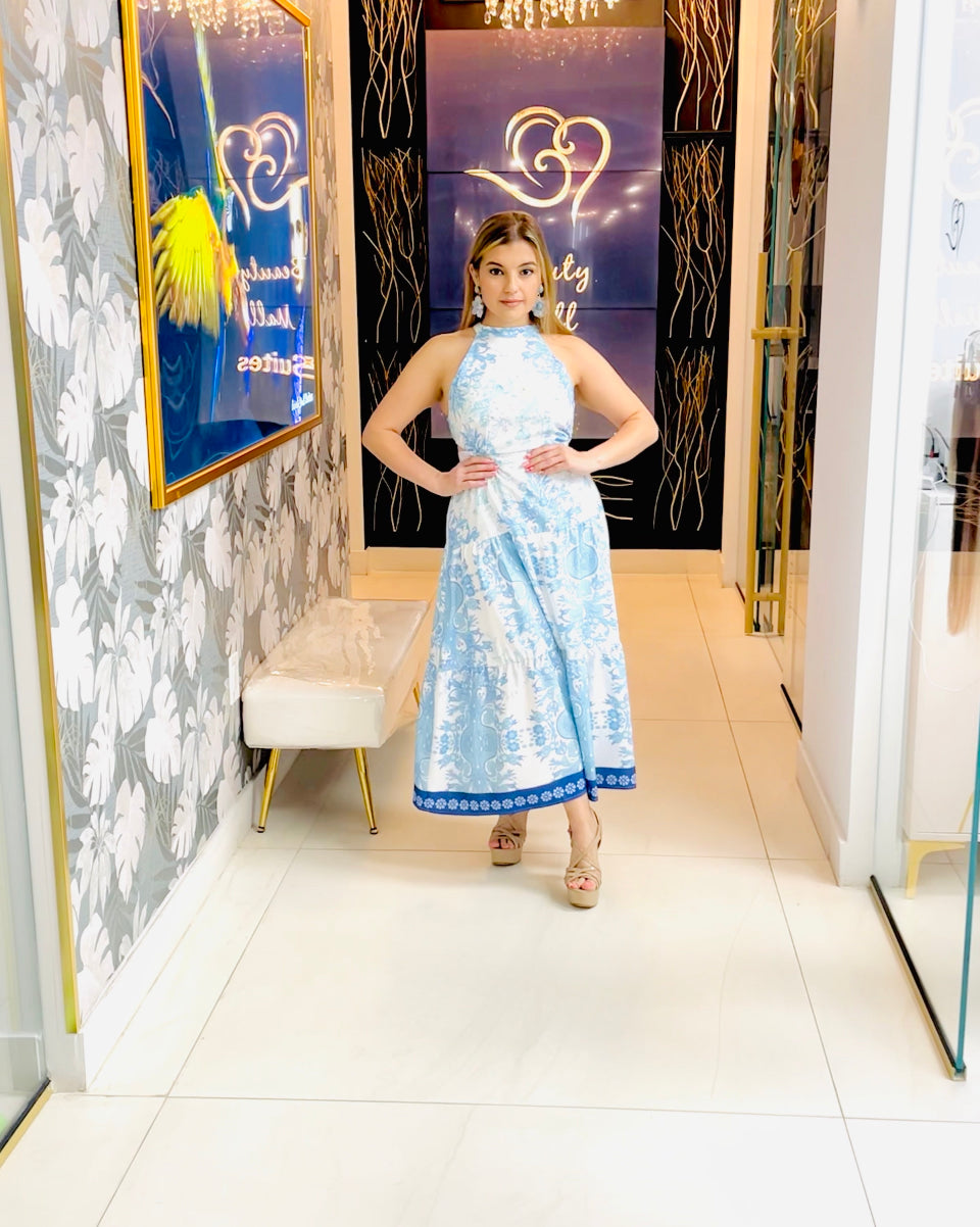 Rachel blue print cutout maxi dress