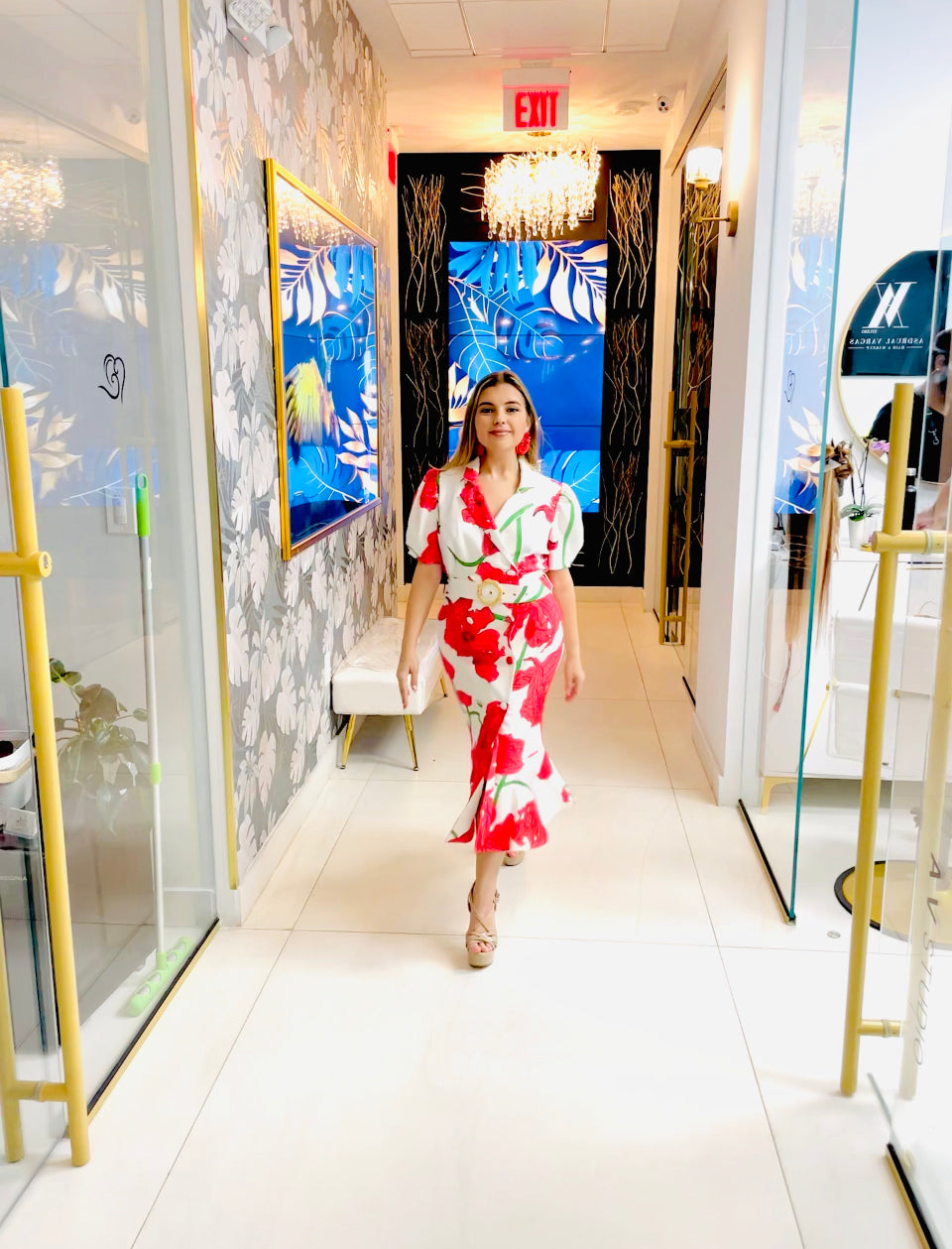 Maria dress in red florals and waited belt midi dress