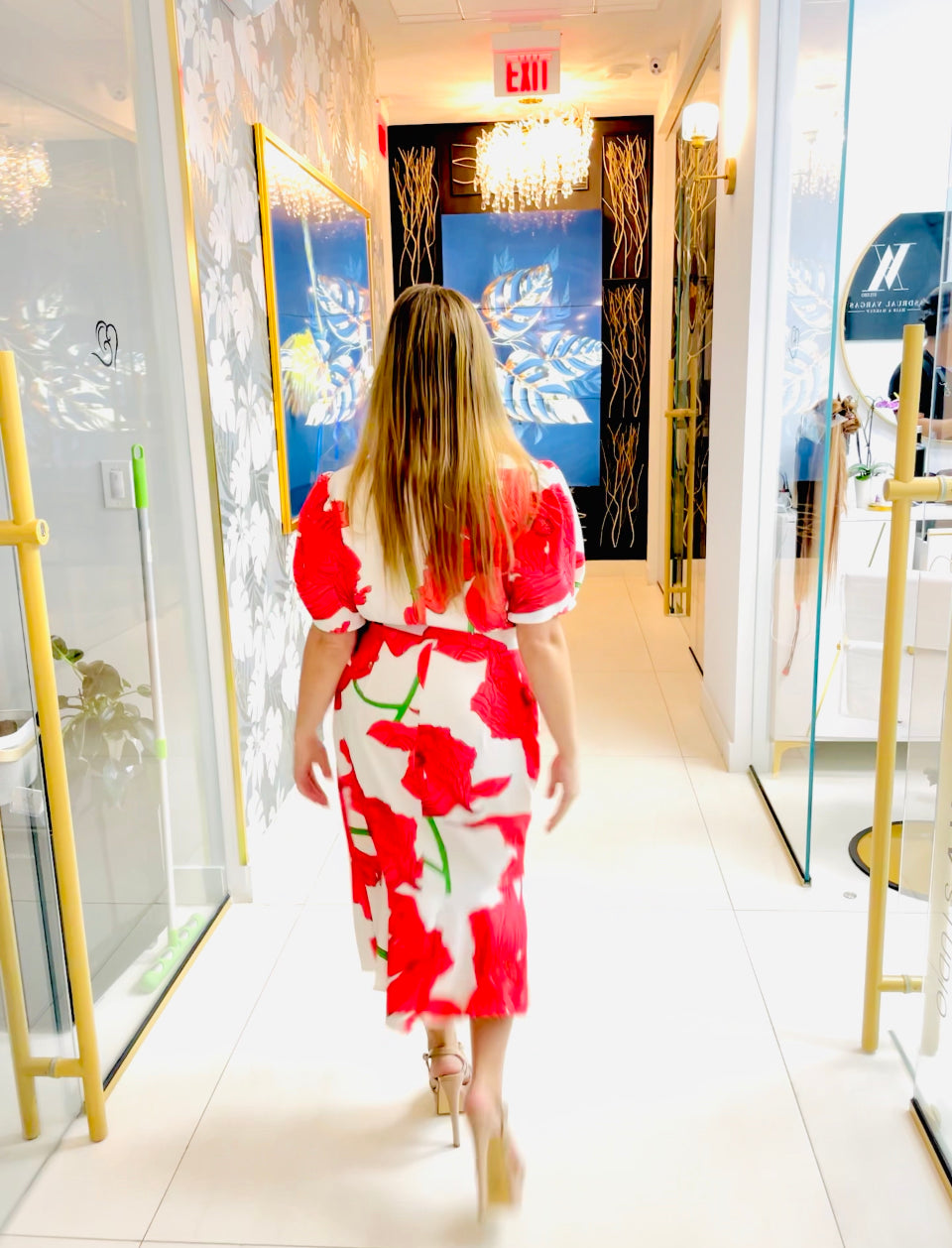 Maria dress in red florals and waited belt midi dress