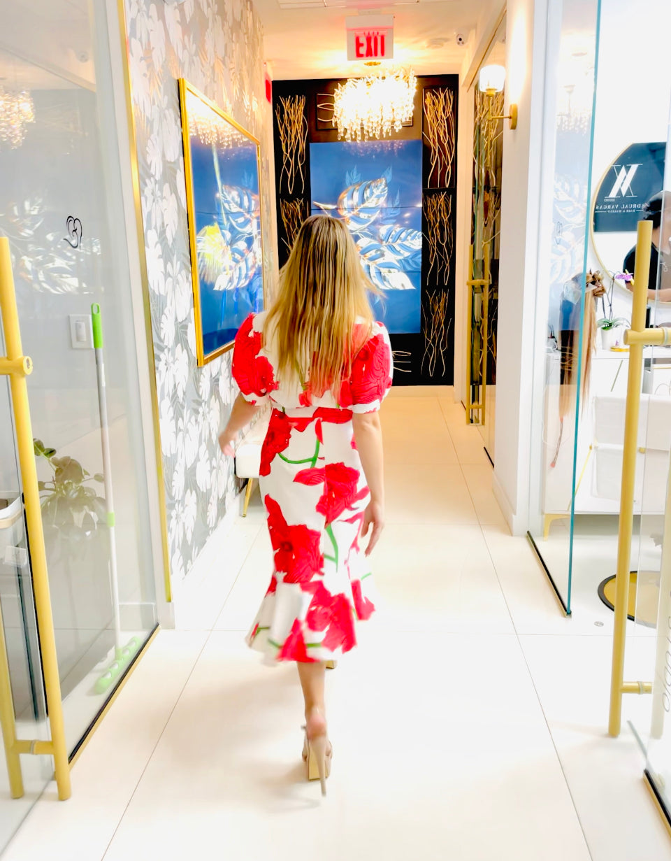 Maria dress in red florals and waited belt midi dress