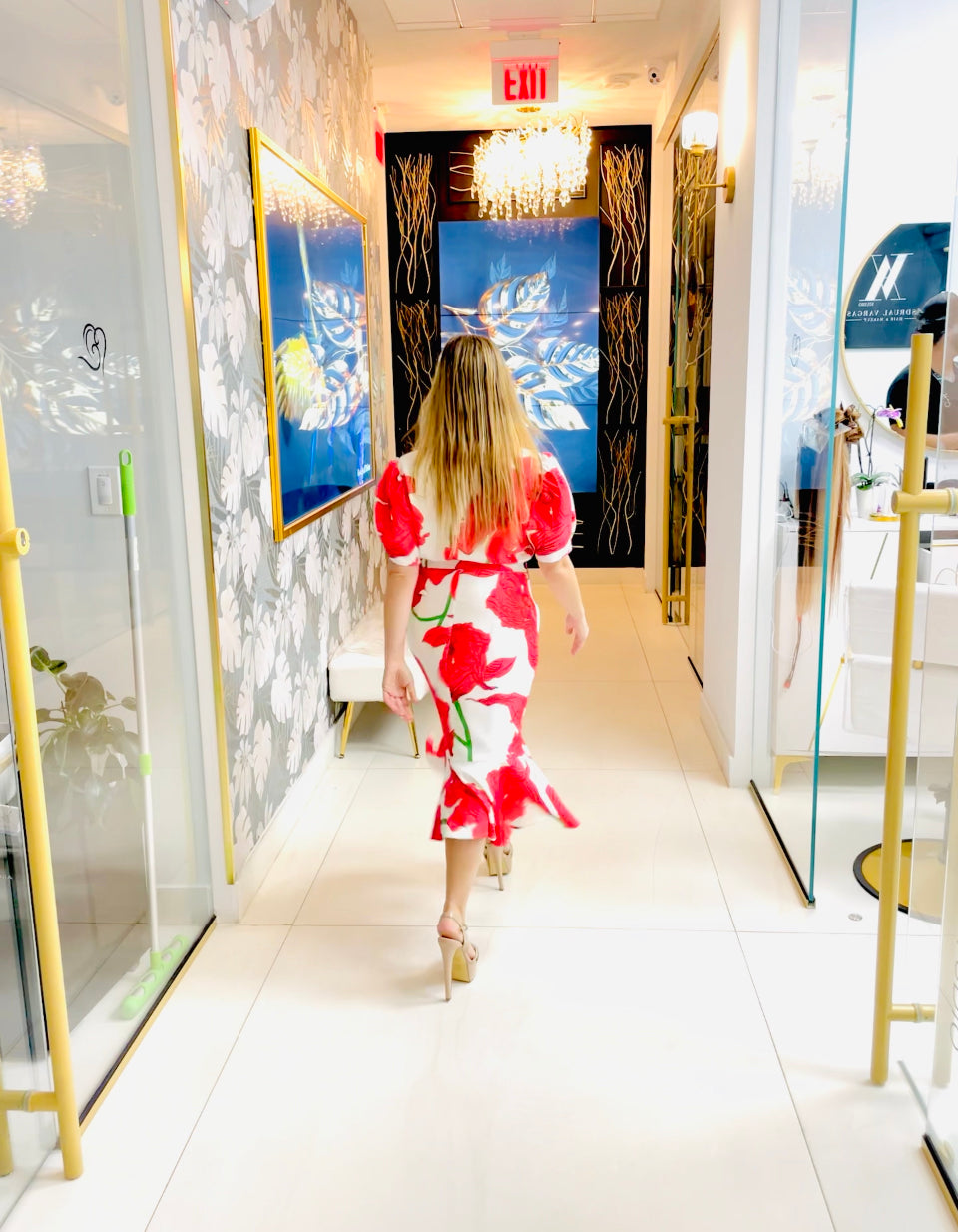 Maria dress in red florals and waited belt midi dress