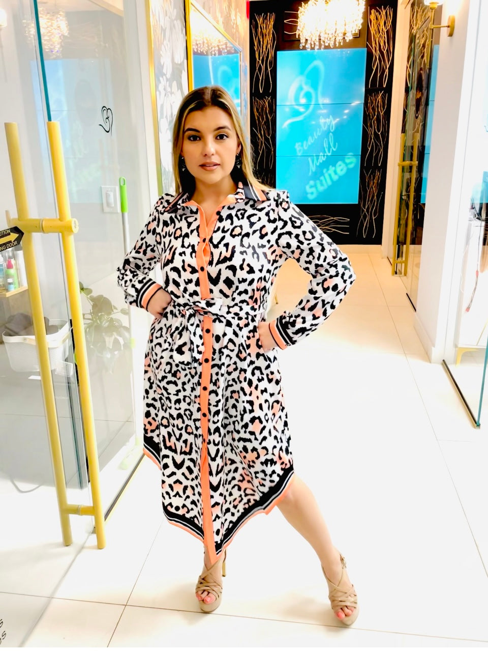 Laina animal print button down midi dress