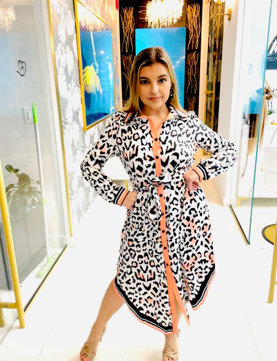 Laina animal print button down midi dress