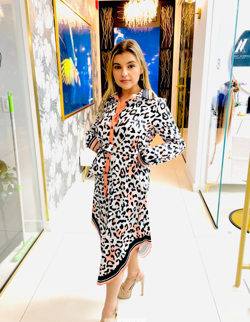 Laina animal print button down midi dress