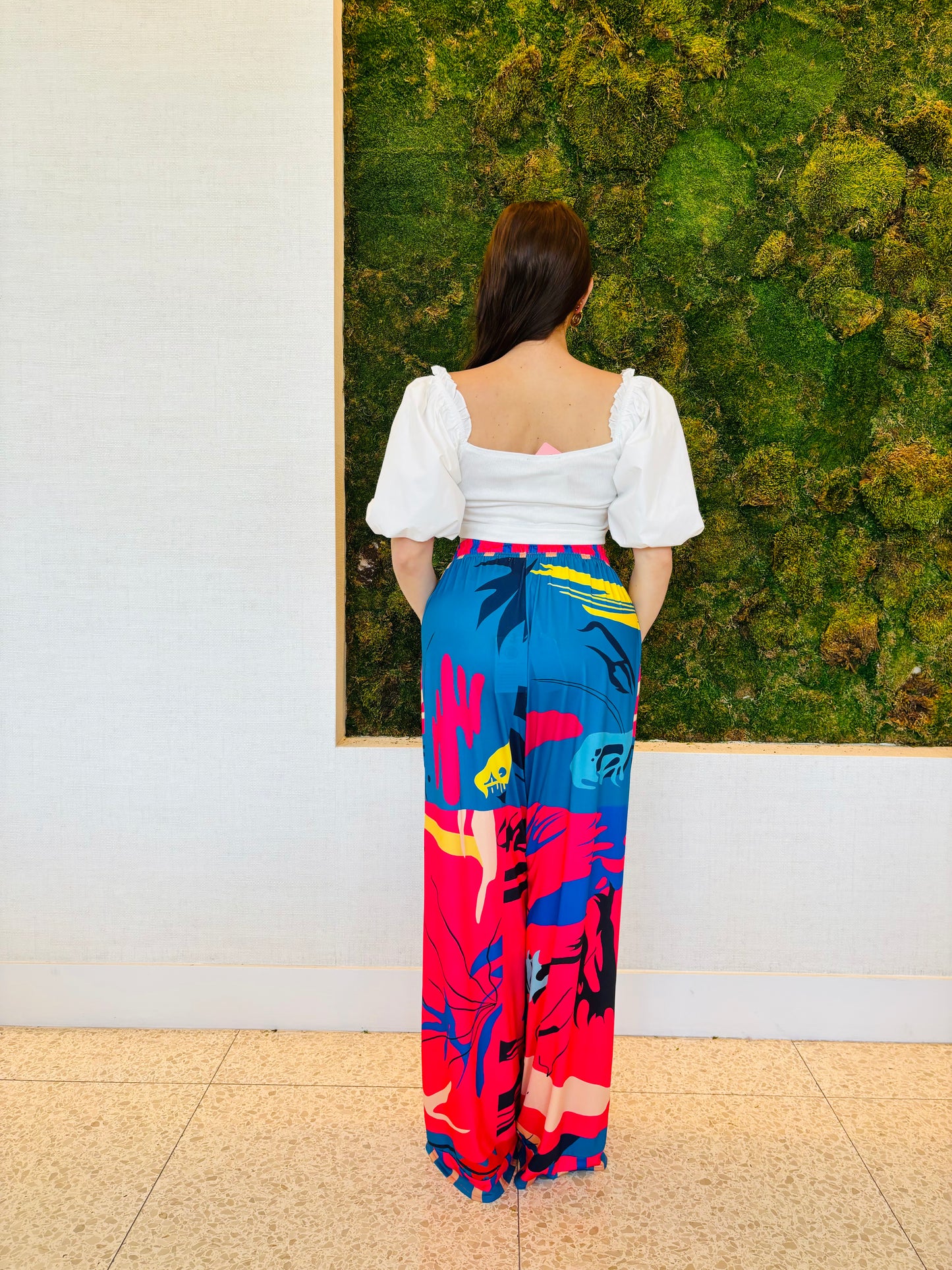 Daliah pants in a red, blue and black print