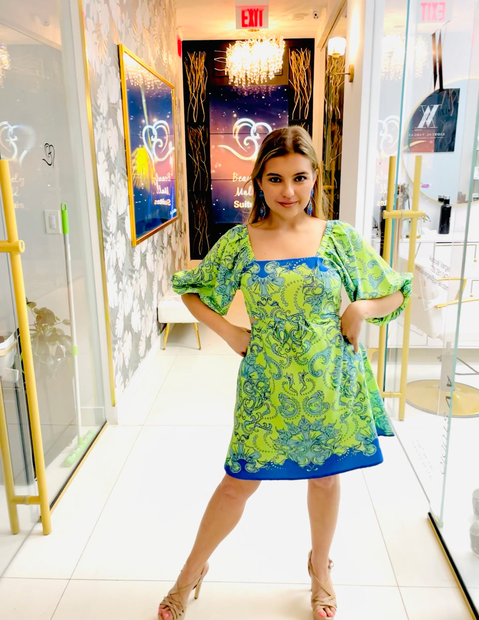 Haven green and blue cutout dress