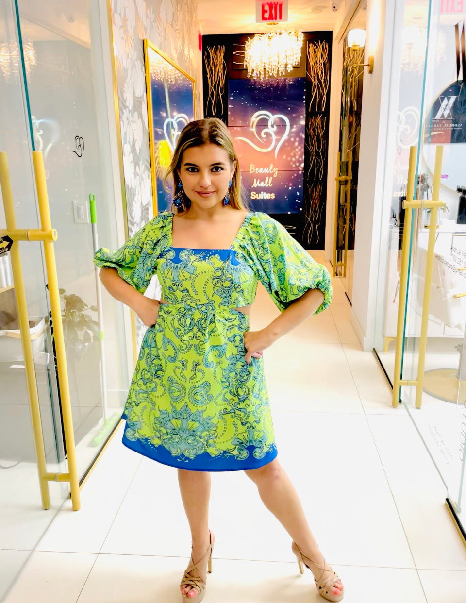 Haven green and blue cutout dress