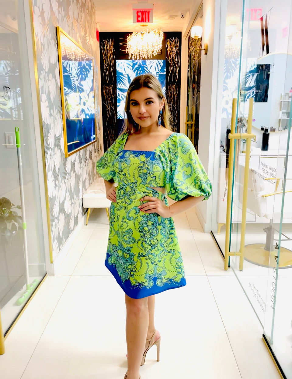Haven green and blue cutout dress