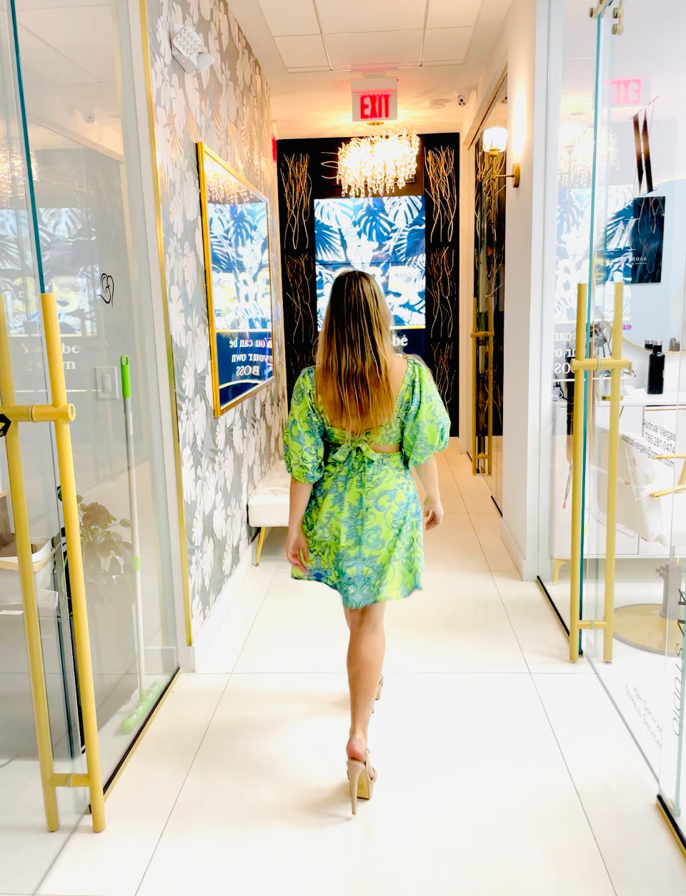 Haven green and blue cutout dress