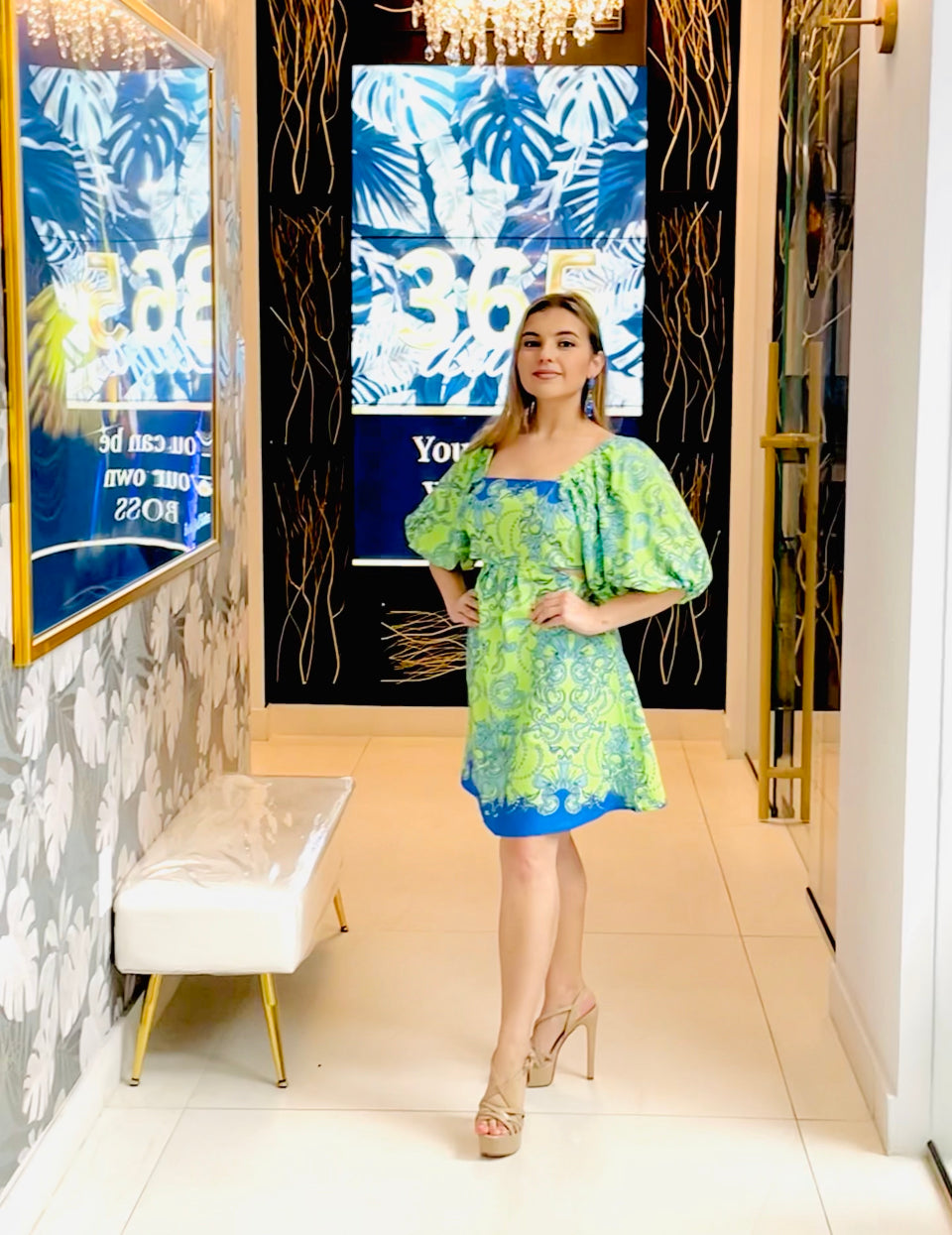 Haven green and blue cutout dress
