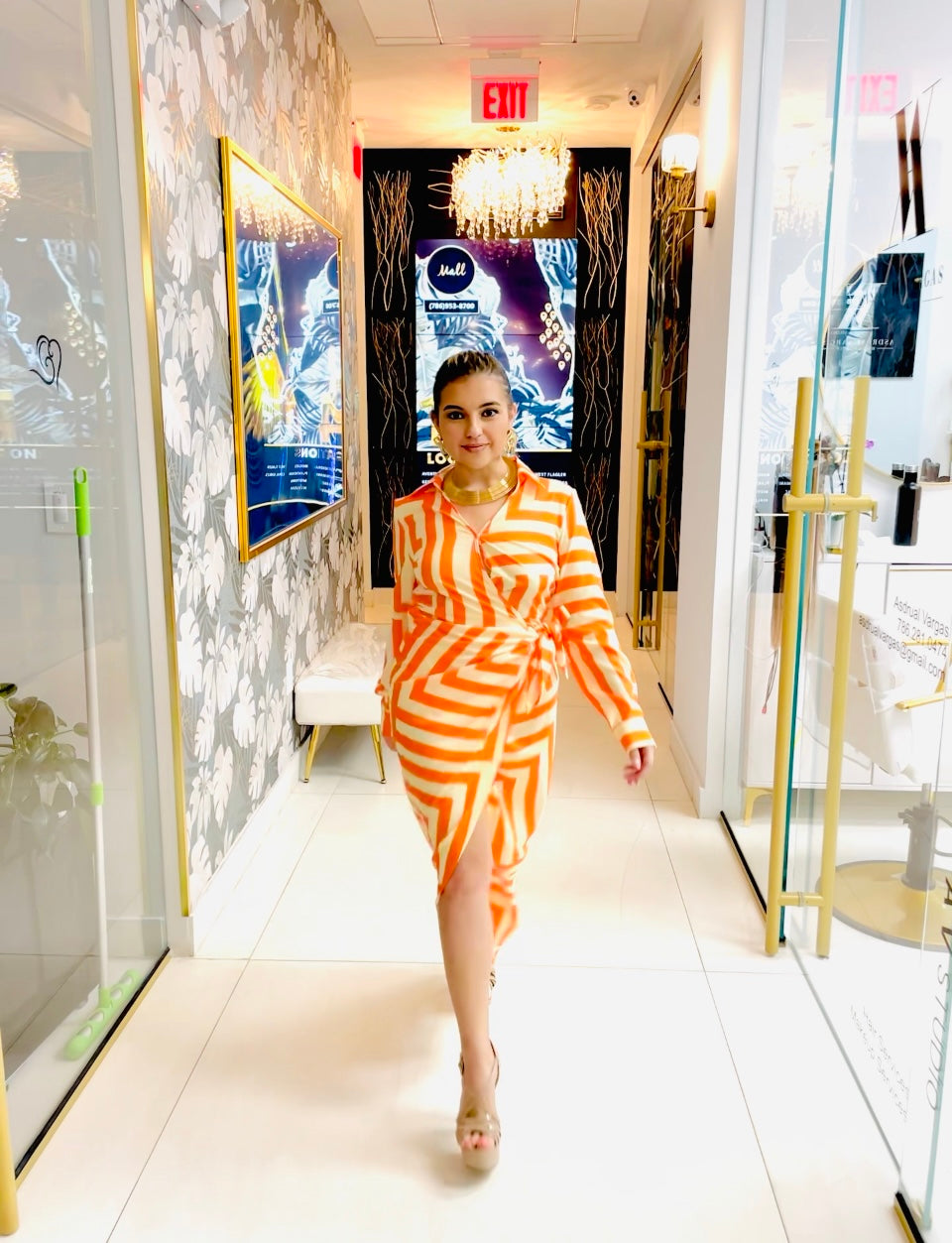 Melania orange print wrap dress