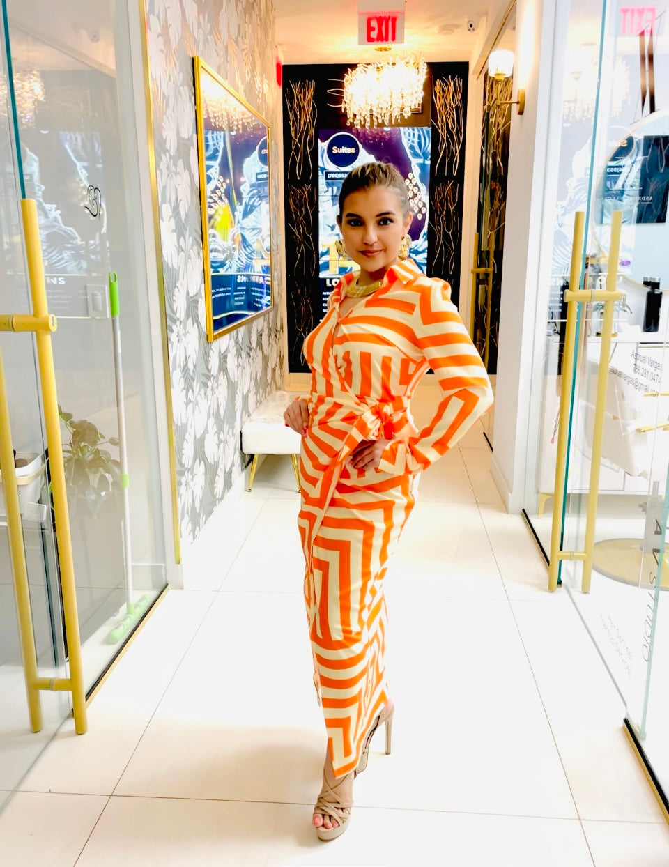 Melania orange print wrap dress