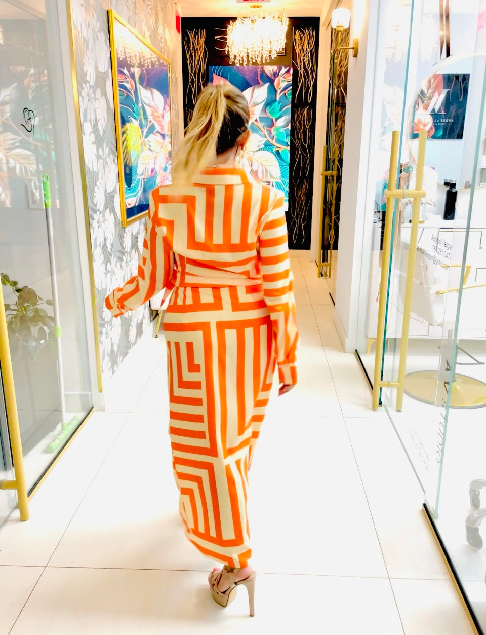 Melania orange print wrap dress