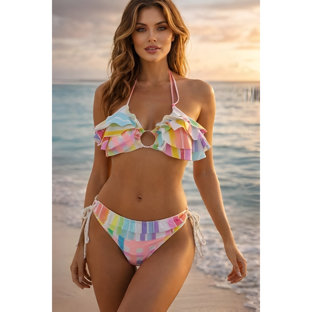 Charlotte Multicolor Pastel Striped Ruffle Bikini Set