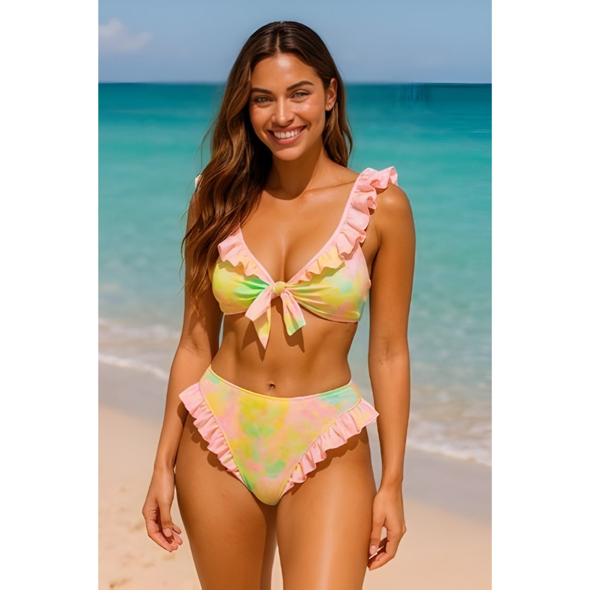 Hanna Pastel Tie-Dye Ruffle High-Waist Bikini Set