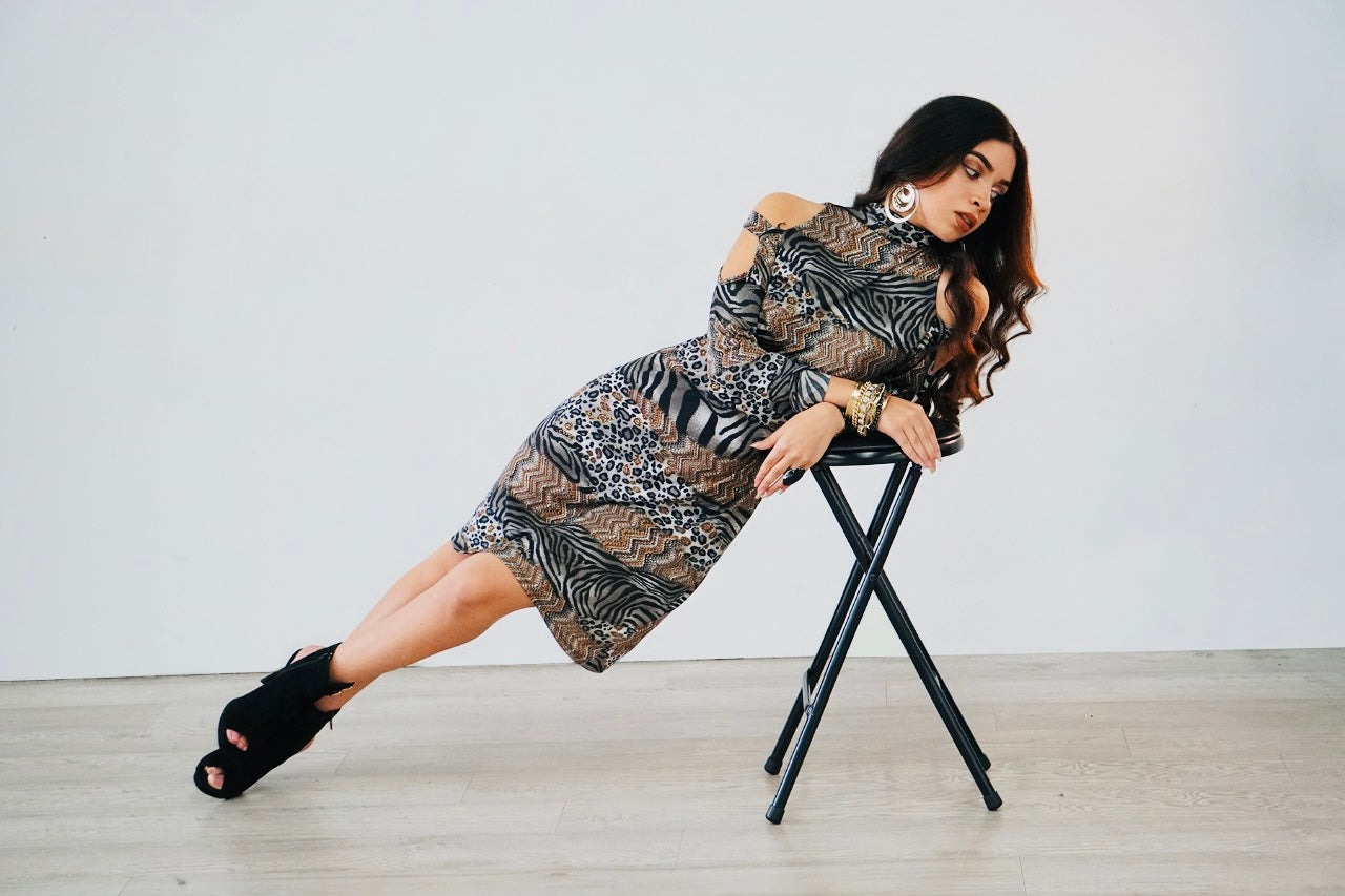 Camille open shoulder animal print dress in stretch