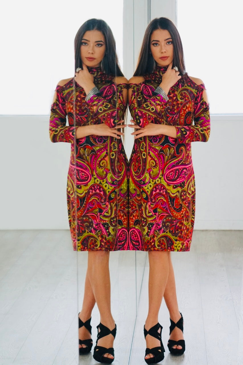 MIrelle open shoulder knee length dress