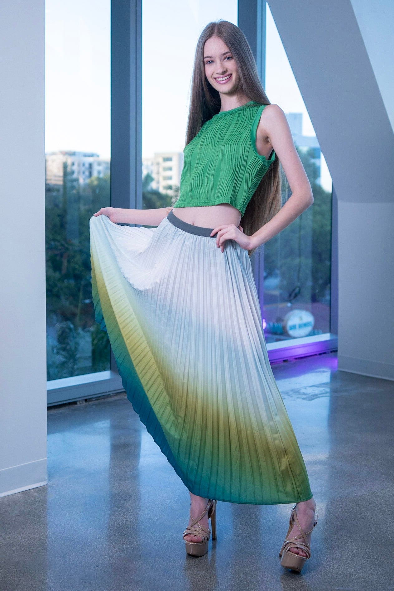 Barbara Pleated Skirt in ombre green