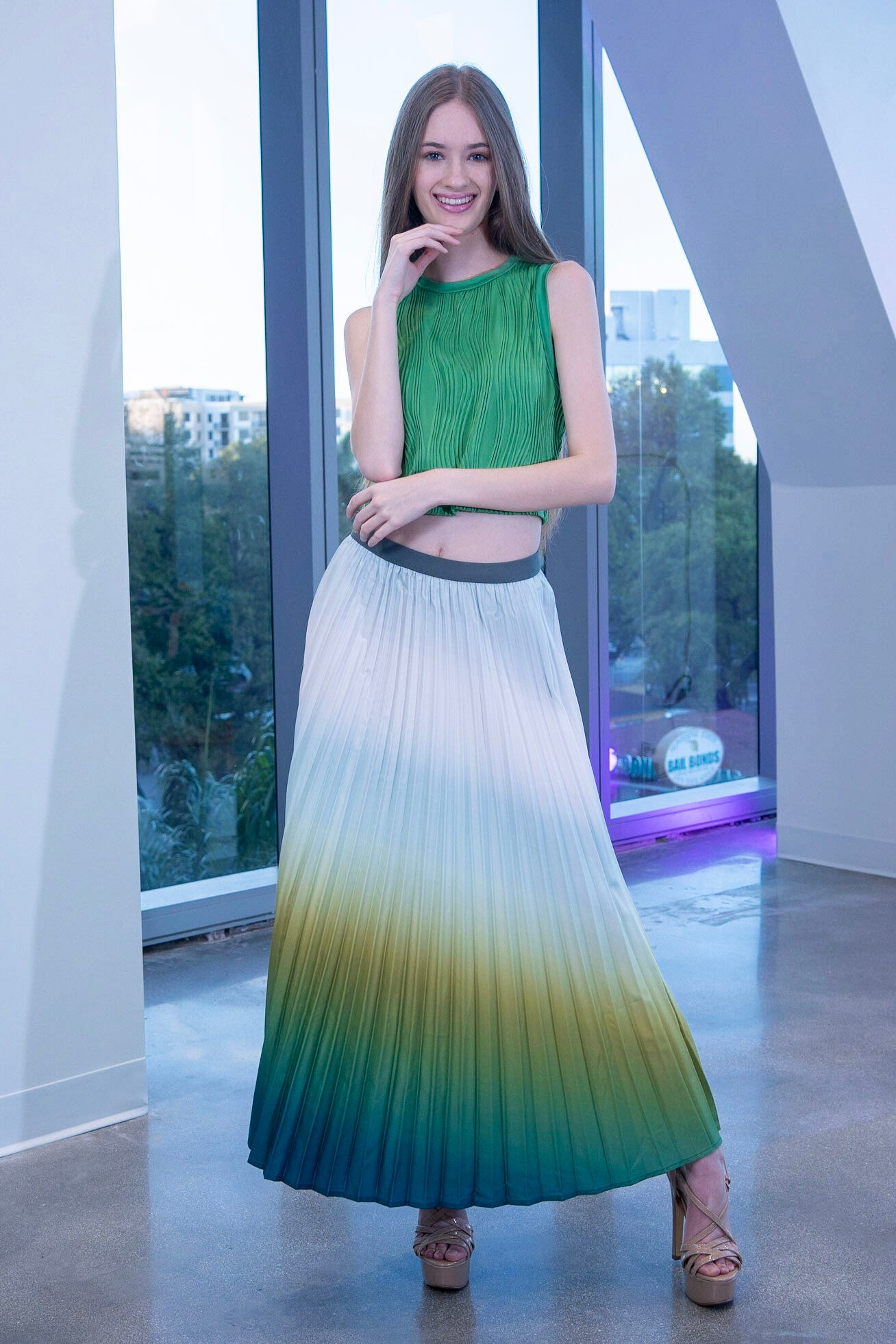 Barbara Pleated Skirt in ombre green