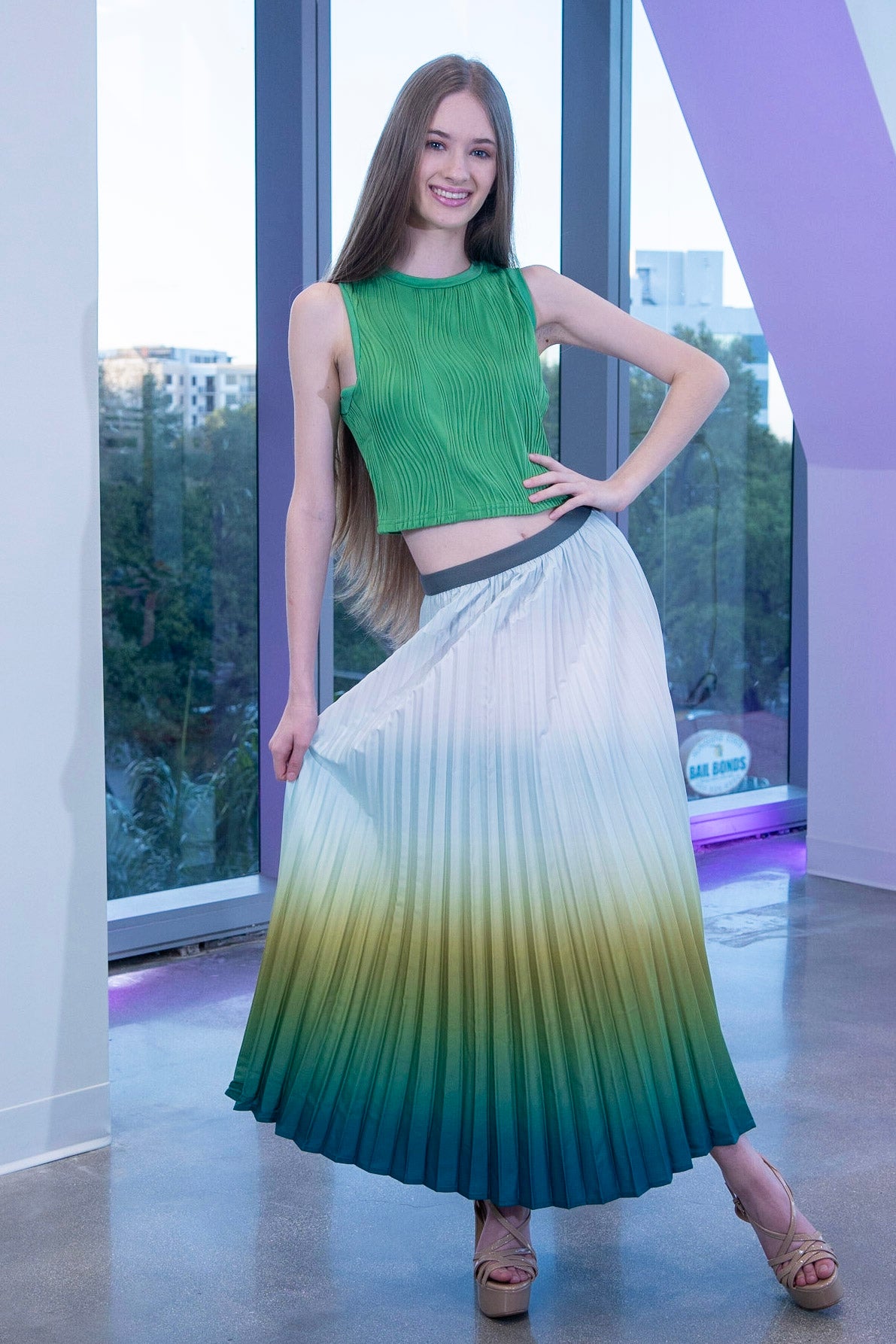 Barbara Pleated Skirt in ombre green