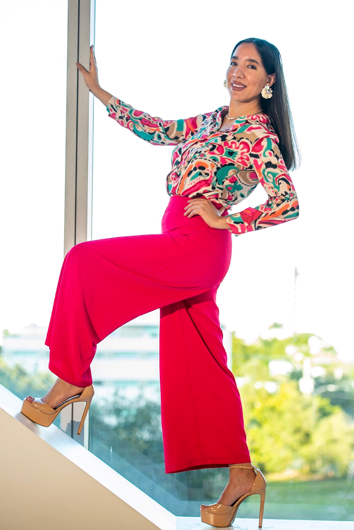 Ella Top in green and pink print