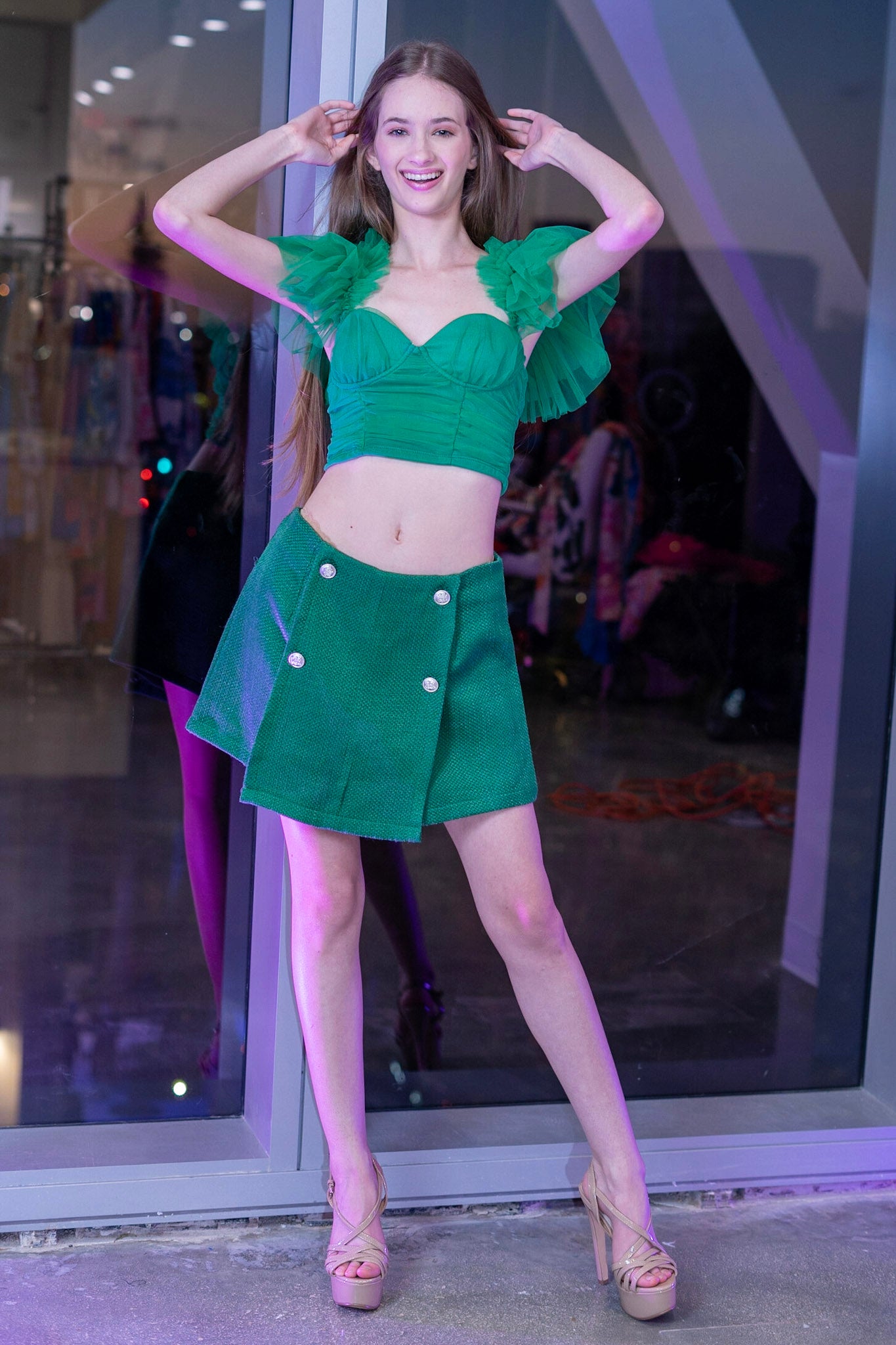 Violette green ruffle crop top
