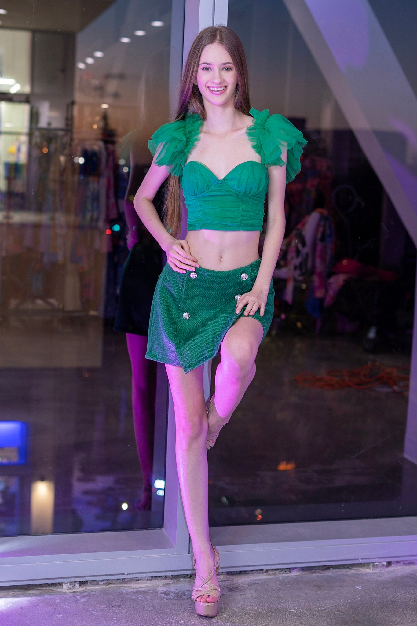 Violette green ruffle crop top