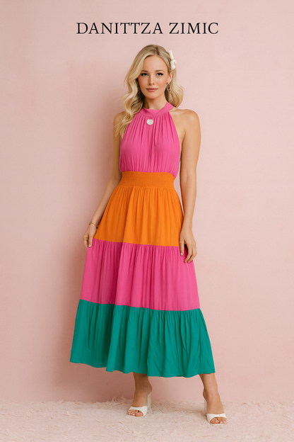 Carmen color block cotton dress in pink, orange and teal