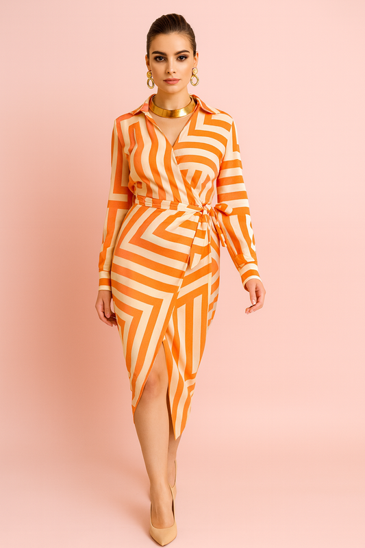 Melania orange print wrap dress
