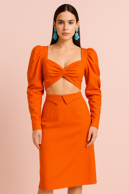 Alexandra orange linen crop top with long sleeves