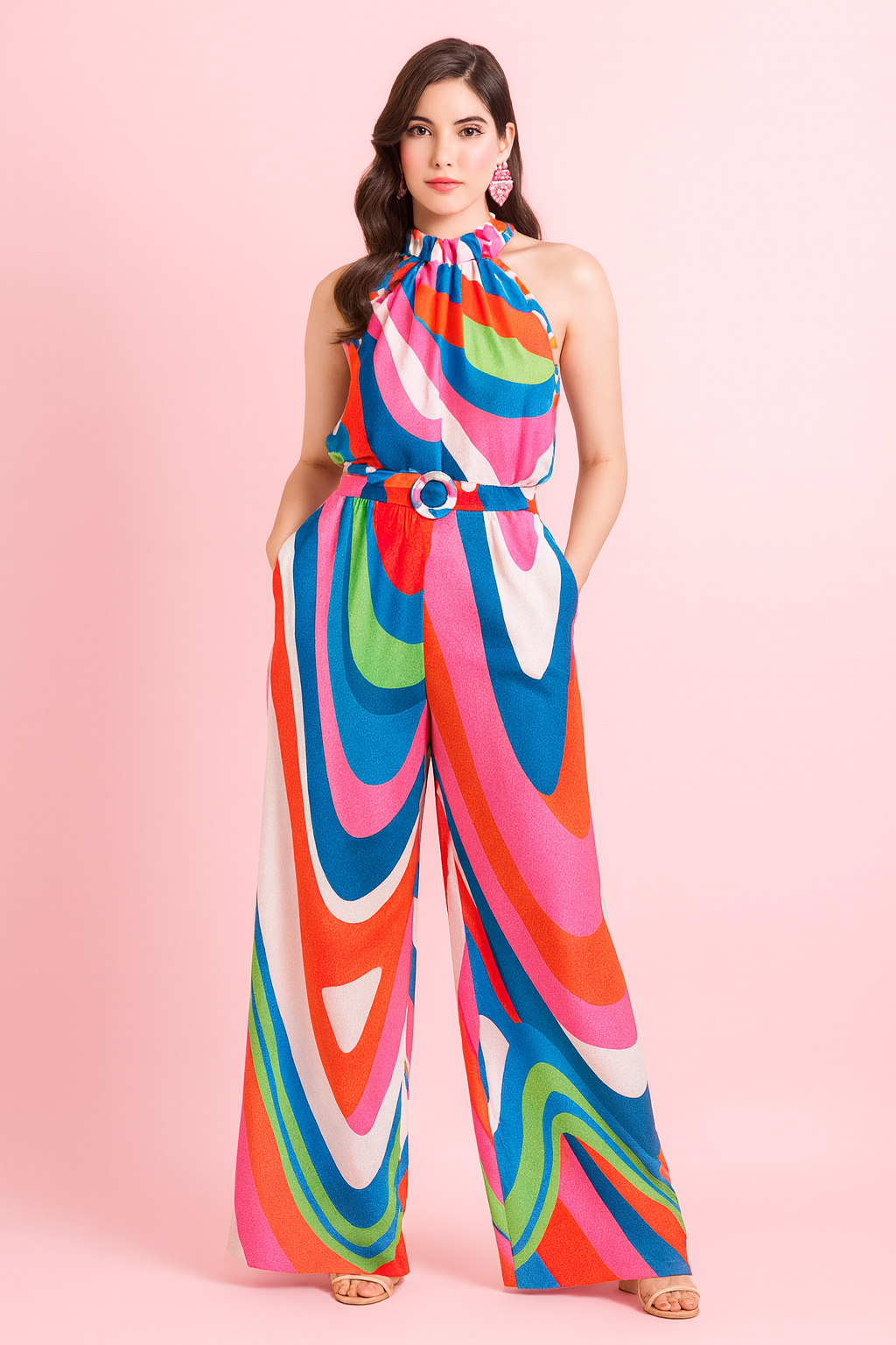 Marcela asymmetrical print in red and navy jumpsuit