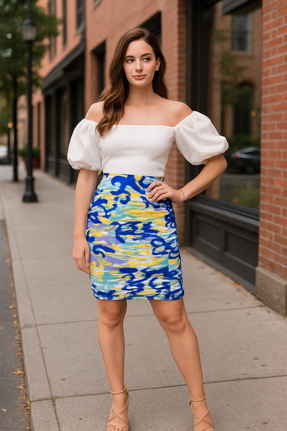 Ila rouged pencil skirt in paisley purple and mini print
