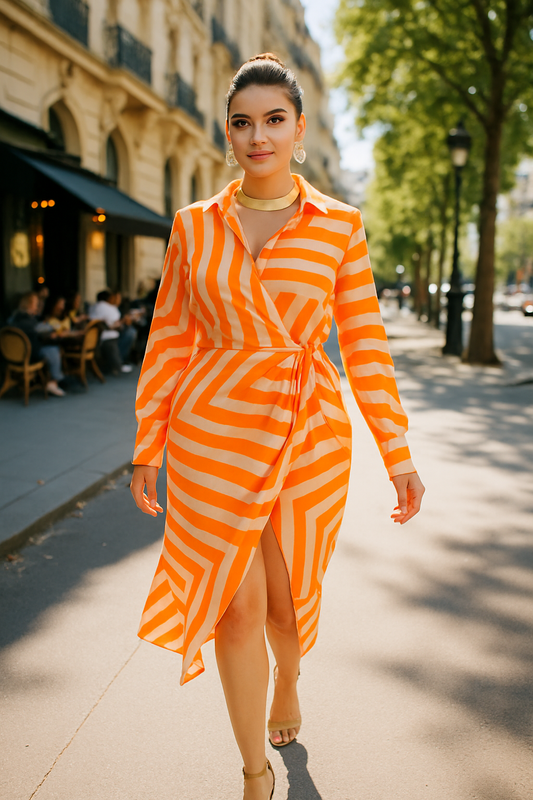 Melania orange print wrap dress