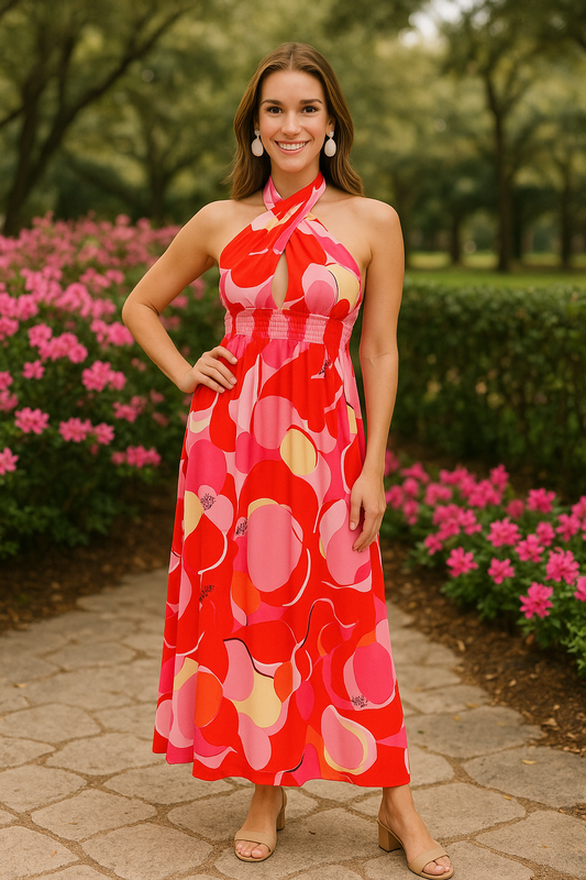 Denise halter top maxi dress in red floral maxi