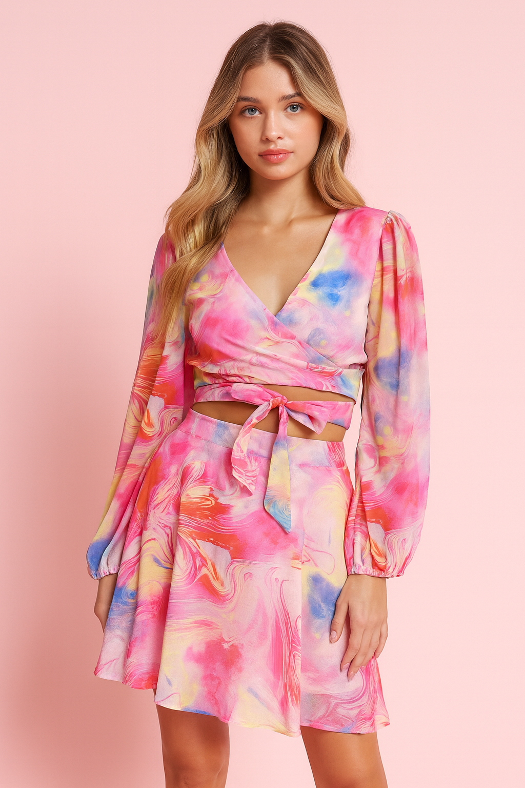 Flora crop top with chiffon skirt in abstract print