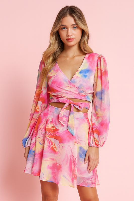 Flora crop top with chiffon skirt in abstract print