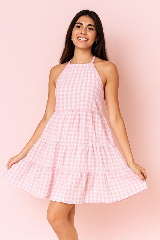 Susan pink print plaid dress