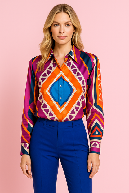 Liliana blouse in orange and blue satin