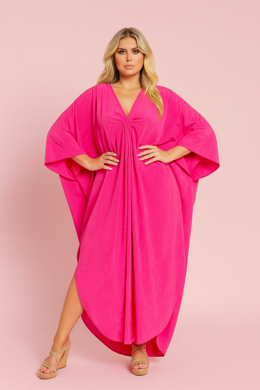 Marley pink kaftan in cotton with a hoop detail in the center