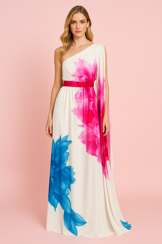 Bethenny one shoulder white maxi dress with an oversize floral print handpainted