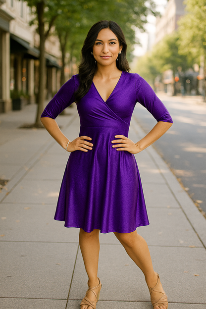 Noelle purple metallic faux wrap dress