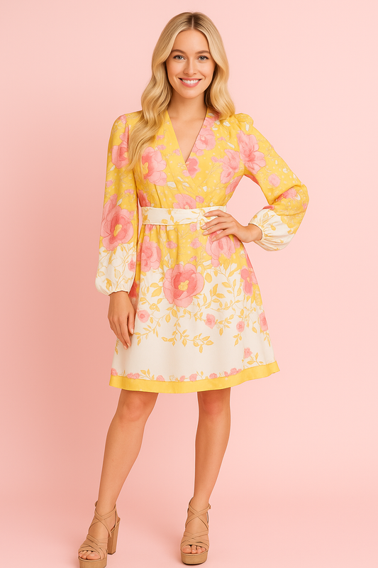 Emma yellow floral knee length dress with long sleeves